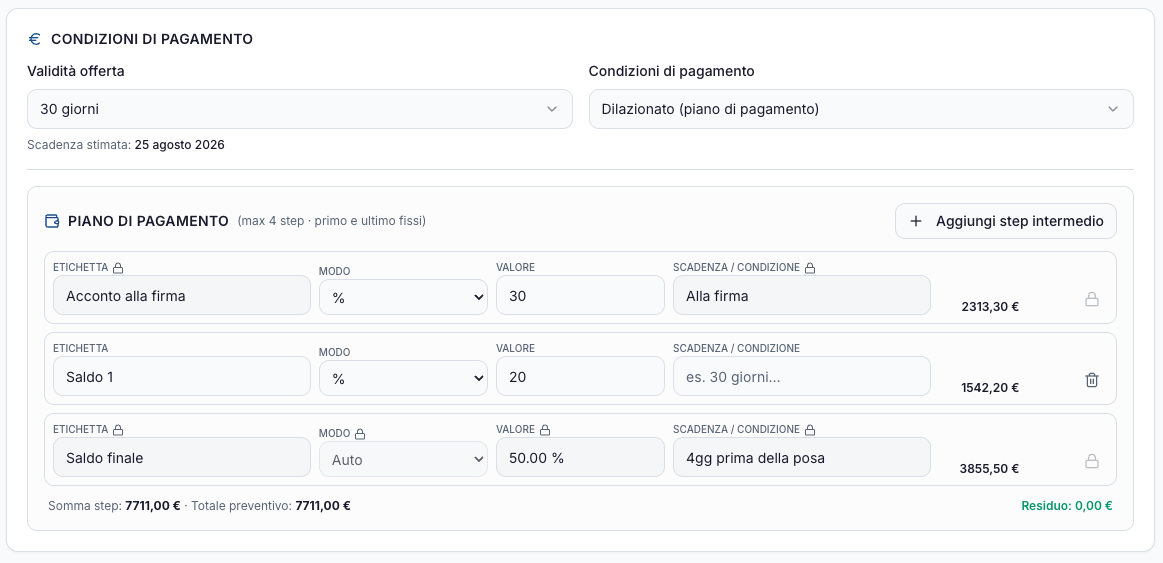 Piano di pagamento con acconto, saldo intermedio e saldo finale calcolati automaticamente