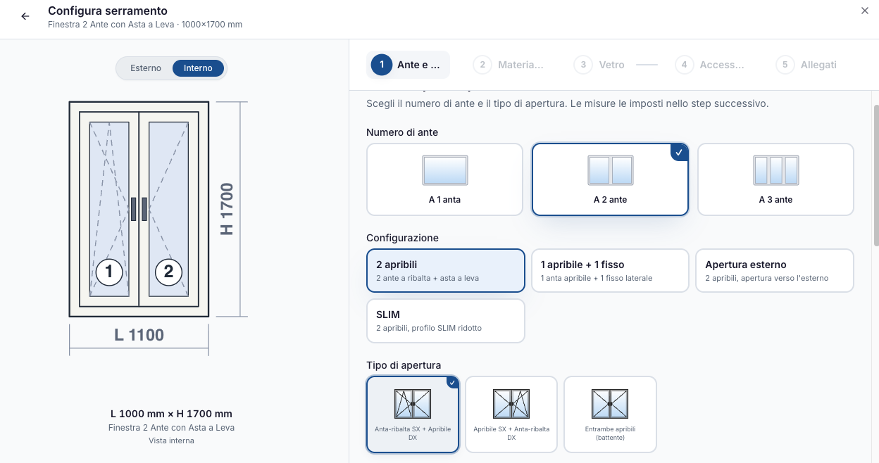 Selezione numero ante, configurazione e tipo di apertura del serramento