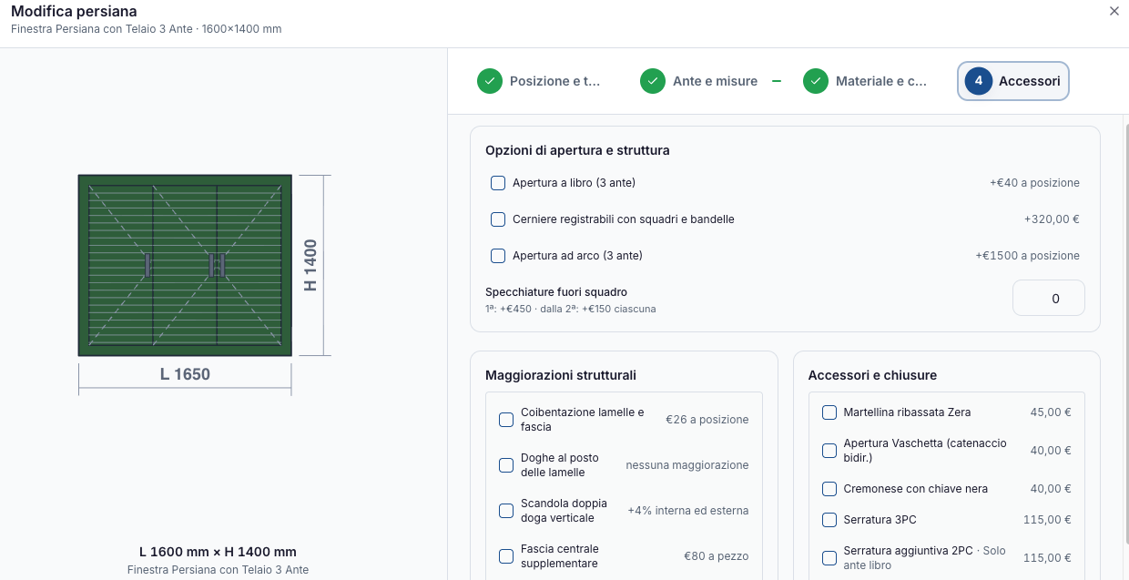 Selezione accessori e maggiorazioni strutturali con prezzi automatici