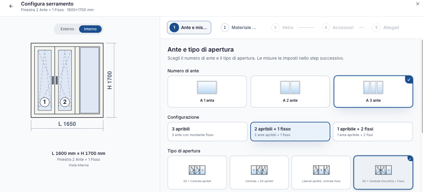 Interfaccia di configurazione di una finestra 2 ante più 1 fisso
